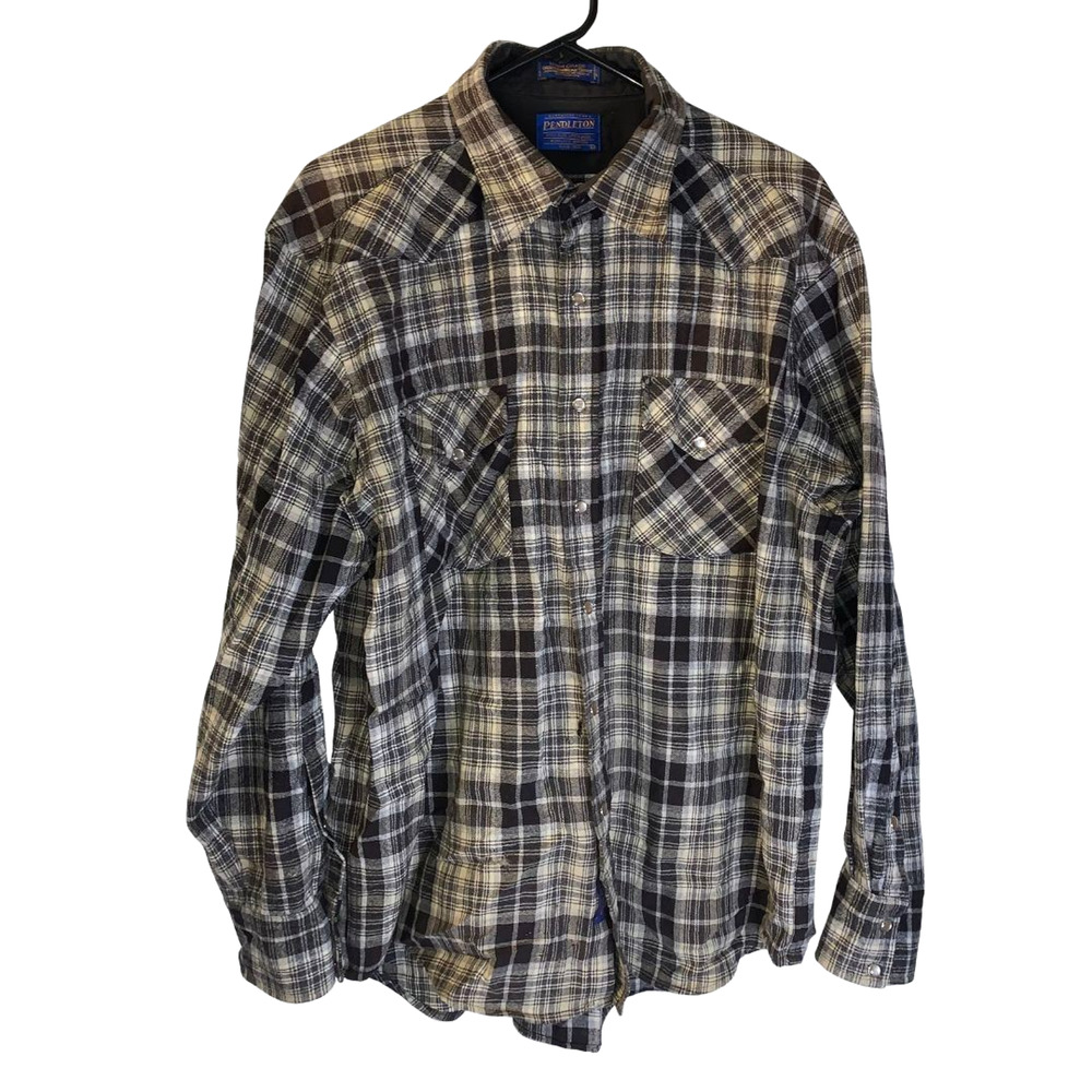 Pendleton Mens Plaid Wool High Grade Western Wear Shirt Size L Brown Pearl Snaps